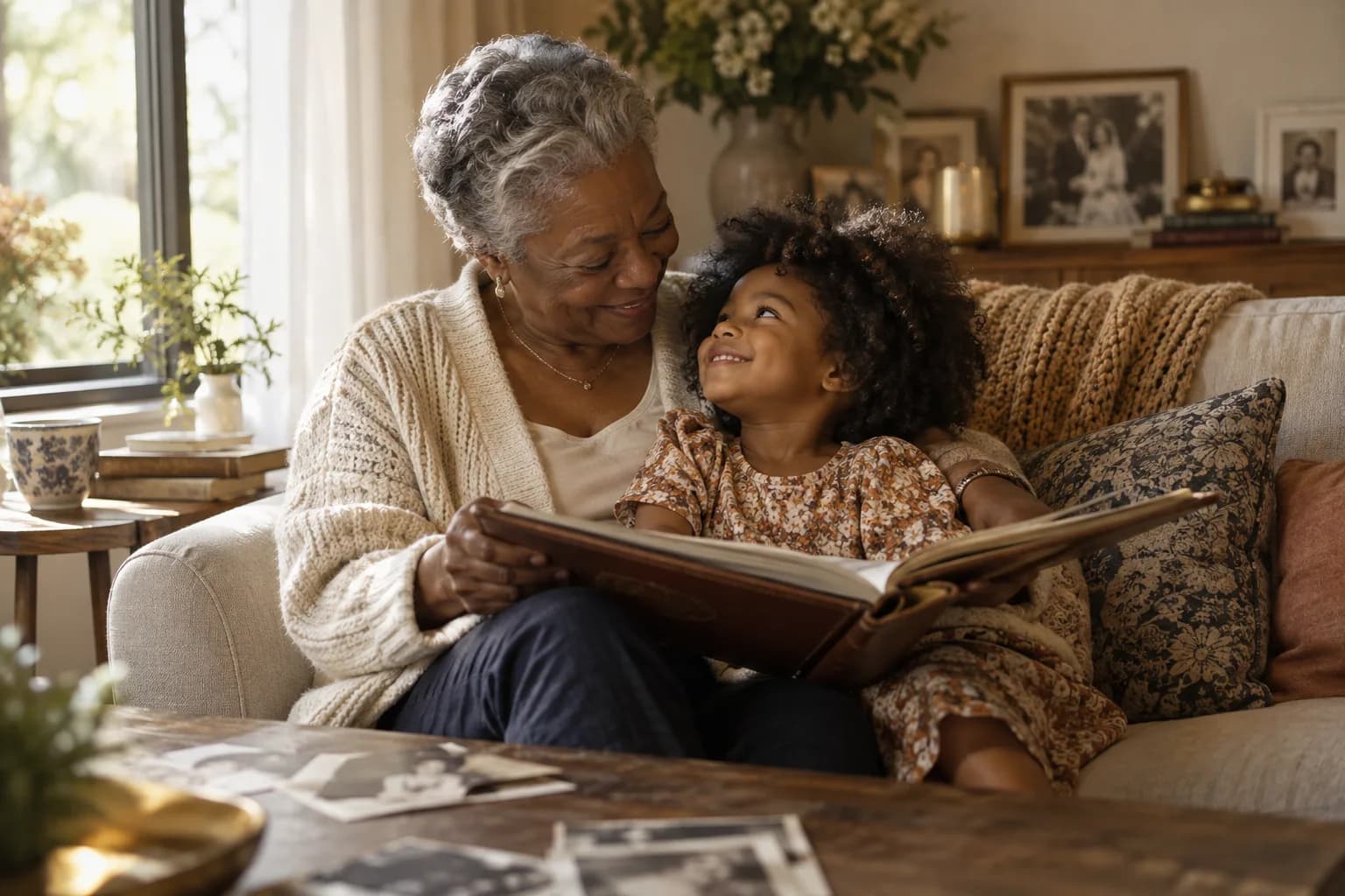 A grandmother and granddaughter sharing stories together over a family photo album at home